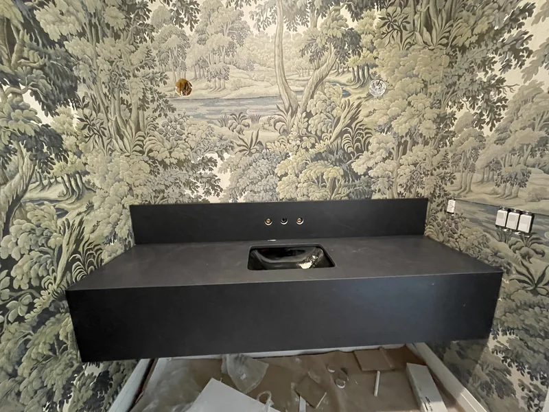 Dark floating vanity against a woodland-patterned wall