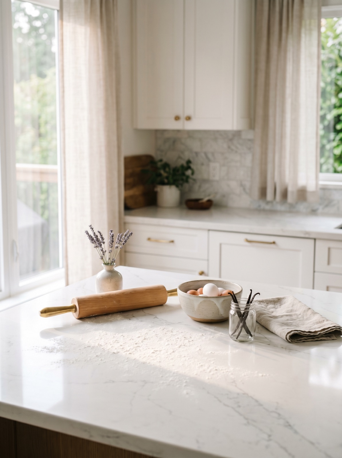 Richmond kitchen island with Okanagan peaches, Fraser Valley heirloom tomatoes, a wooden cutting board, and a cream ceramic pitcher on a warm honed quartz countertop in natural window light.