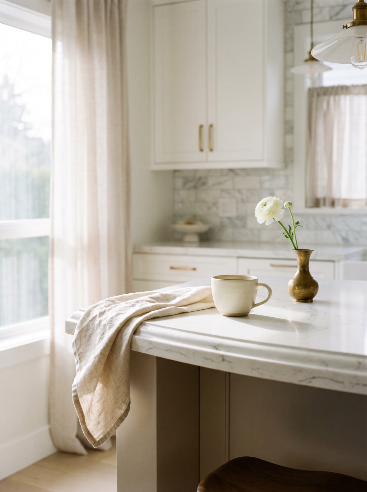 Close-up of white quartz countertop edge profiles — an eased curve and mitered corner in soft Vancouver morning light with a cream ceramic mug.