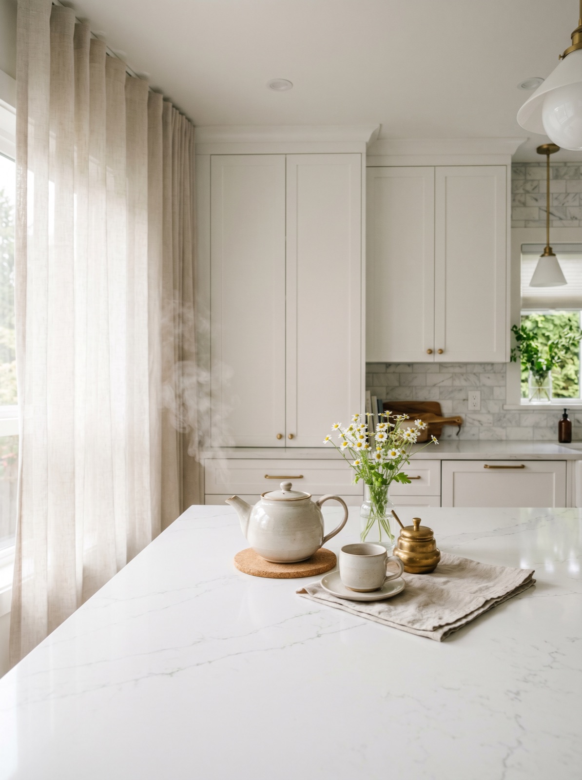 Small Vancouver condo galley kitchen with warm-white quartz peninsula countertop, brass pendant, and morning light over the city skyline.