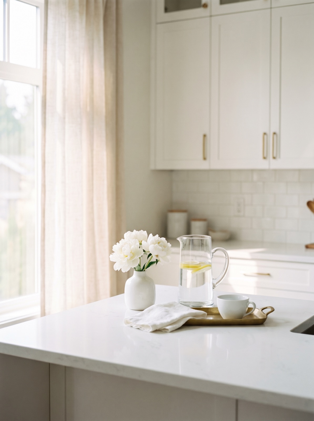 Metro Vancouver homeowner's hand holding a quartz sample against a white cabinet door, notebook and measuring tape on countertop, evaluating a countertop fabricator in soft window light.