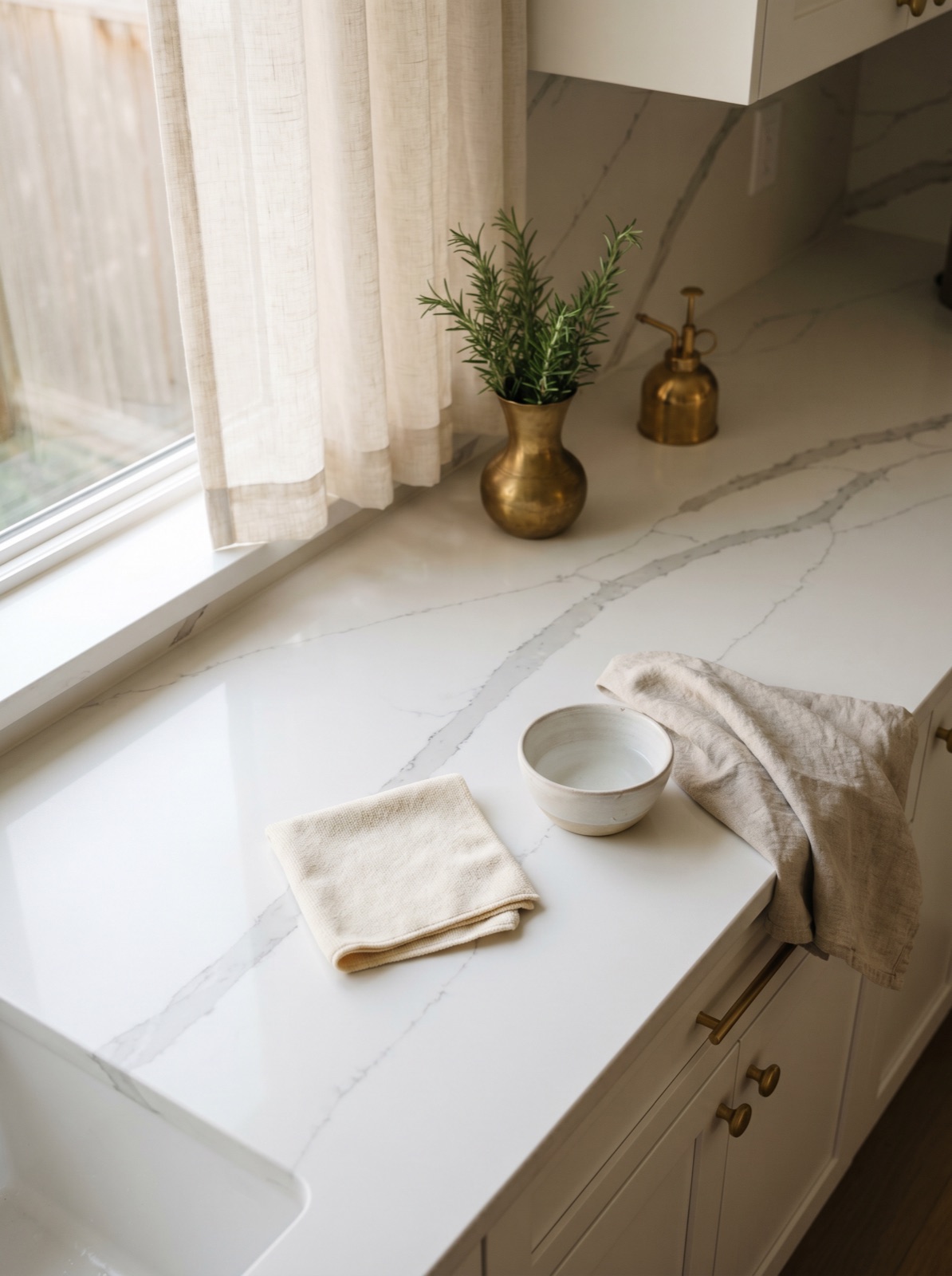 Clean microfiber cloth mid-wipe on polished white quartz countertop with gray veining in a bright Vancouver kitchen — how to clean quartz countertops.