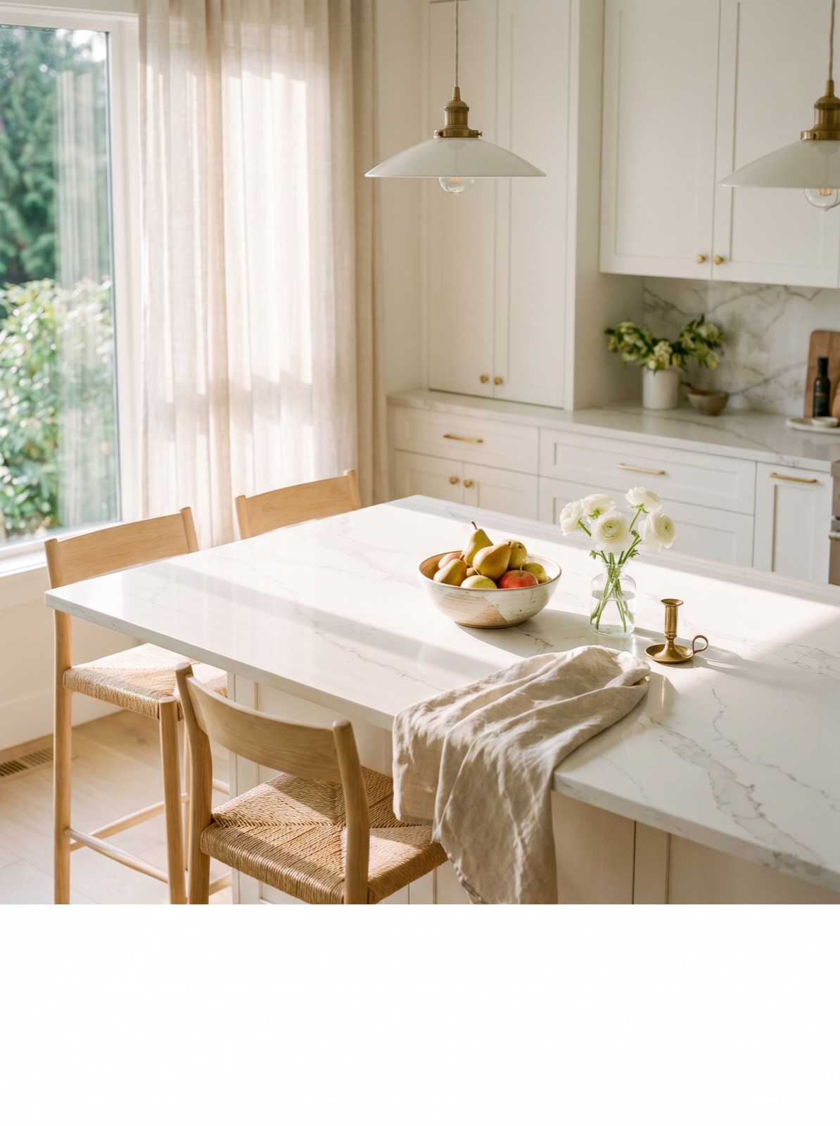 Warm-neutral marble-look quartz kitchen island in a Vancouver home, pendant lights and ceramic bowls of citrus in soft late-afternoon light.