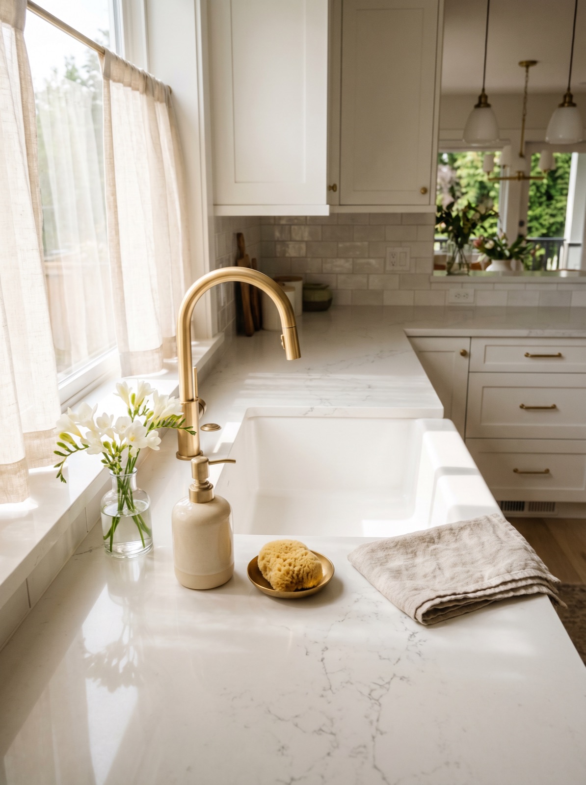 Marble-veined bathroom vanity with polished brass tap, handmade soap dish, and fresh eucalyptus sprig in soft morning light through a frosted Vancouver ensuite window.