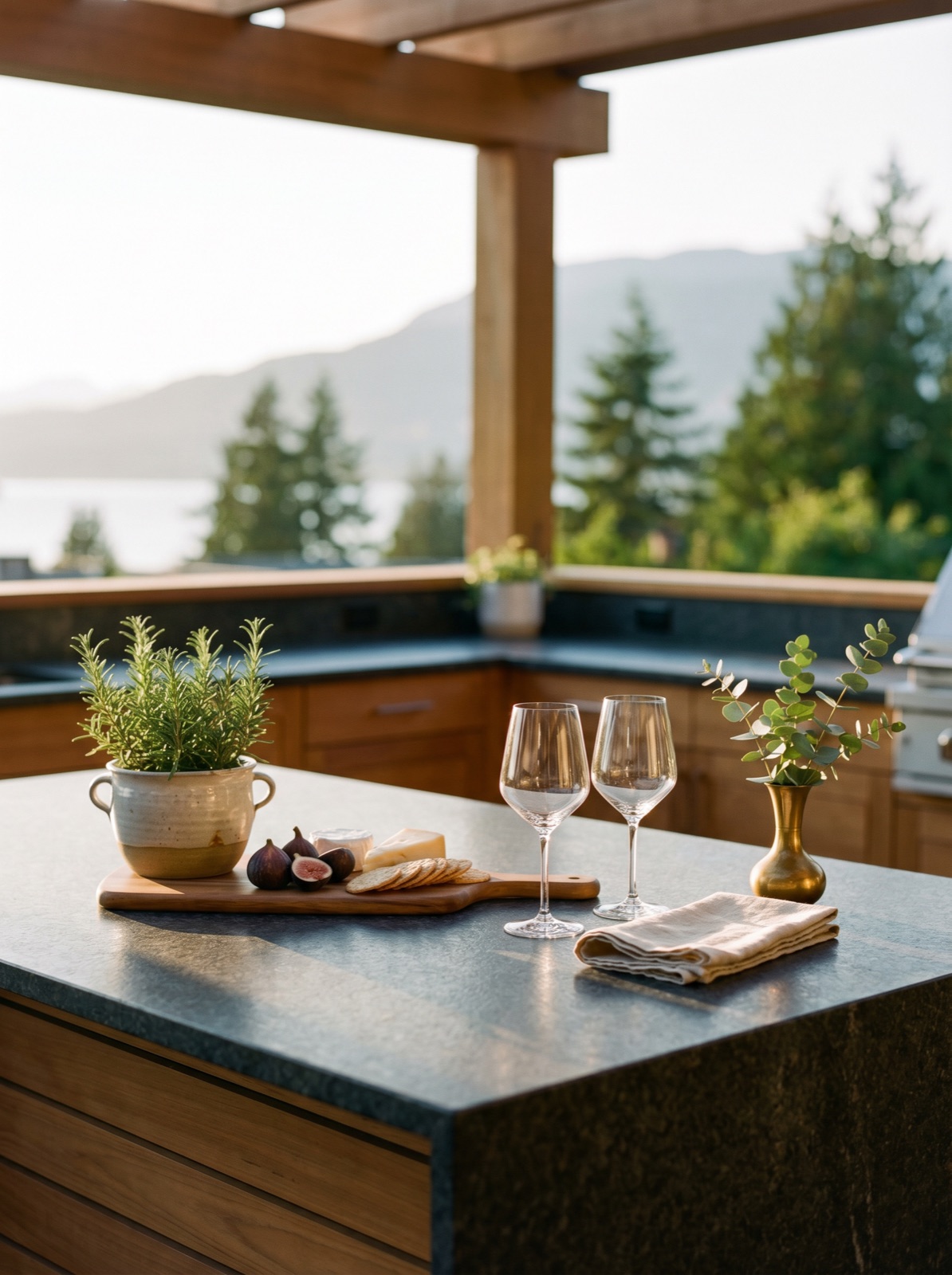 Outdoor kitchen countertop on a Metro Vancouver deck, granite or porcelain surface with BBQ, fresh herbs, and coastal mountains in late-afternoon light.