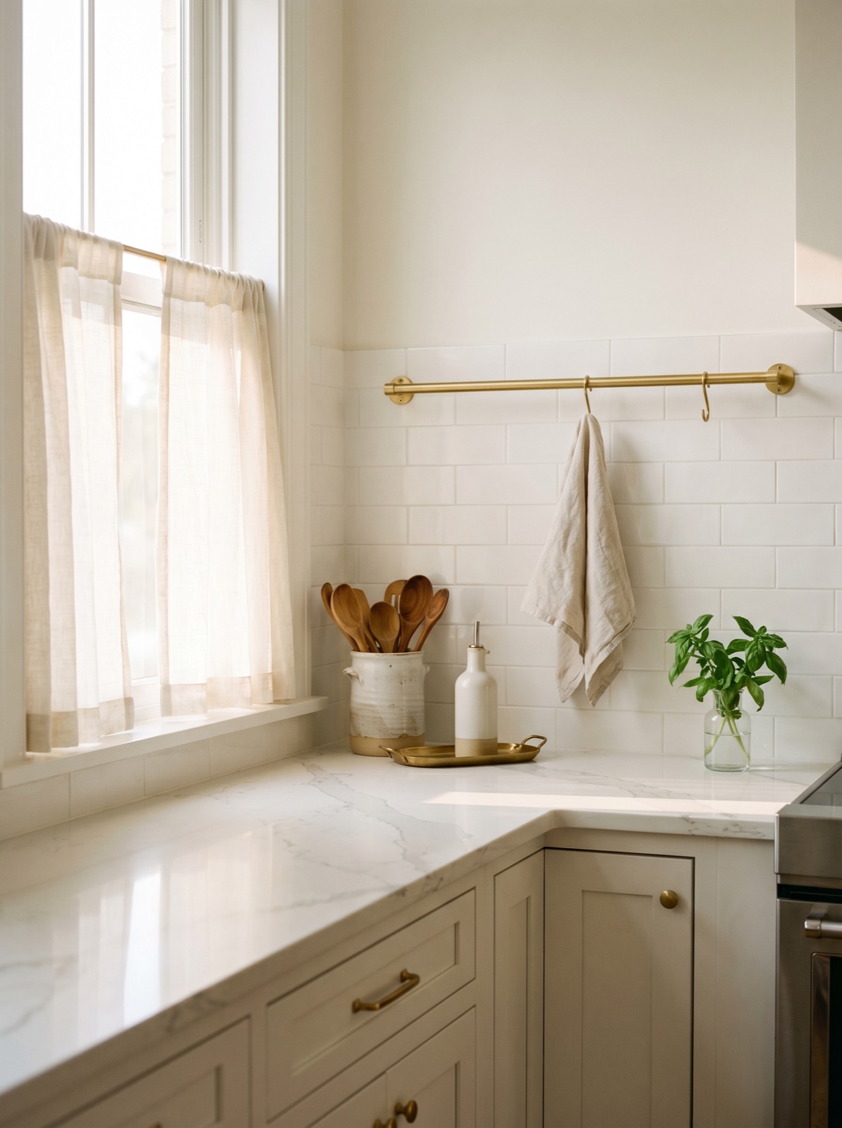 Large-format porcelain countertop with subtle marble veining, fresh herbs in a ceramic pot, natural cool light, modern Vancouver kitchen.