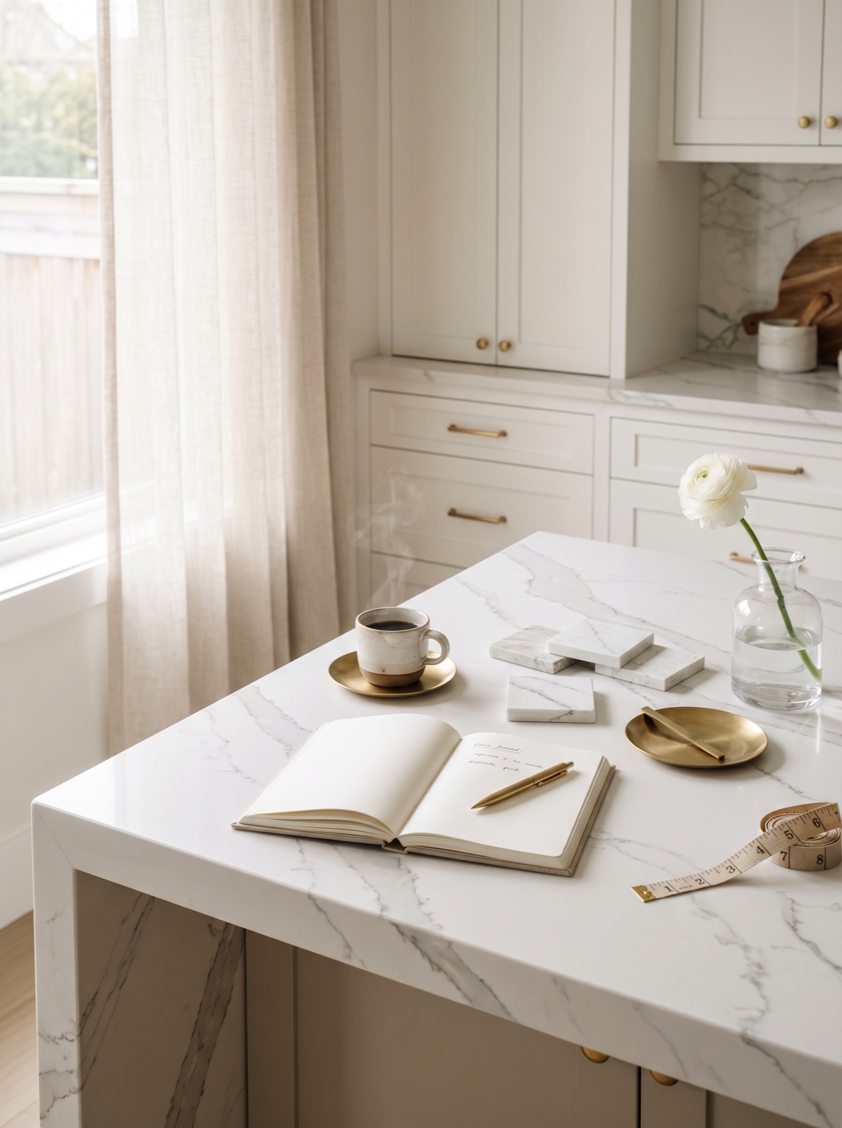 Calacatta-style quartz island in a bright Vancouver kitchen with a linen notepad and brass pen — quartz countertop cost planning scene in soft morning light.