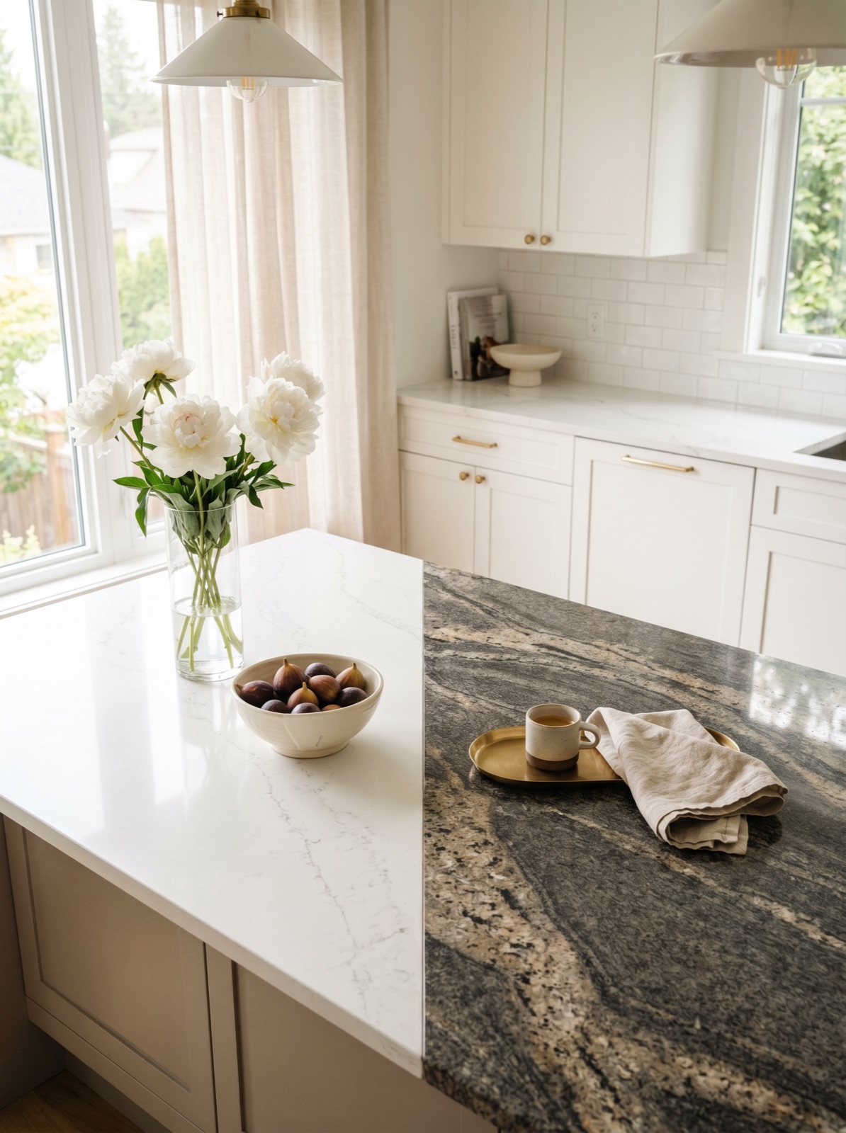 Split-frame quartz vs granite countertops in a Vancouver kitchen, water glass and chef knife at the seam under soft natural window light.