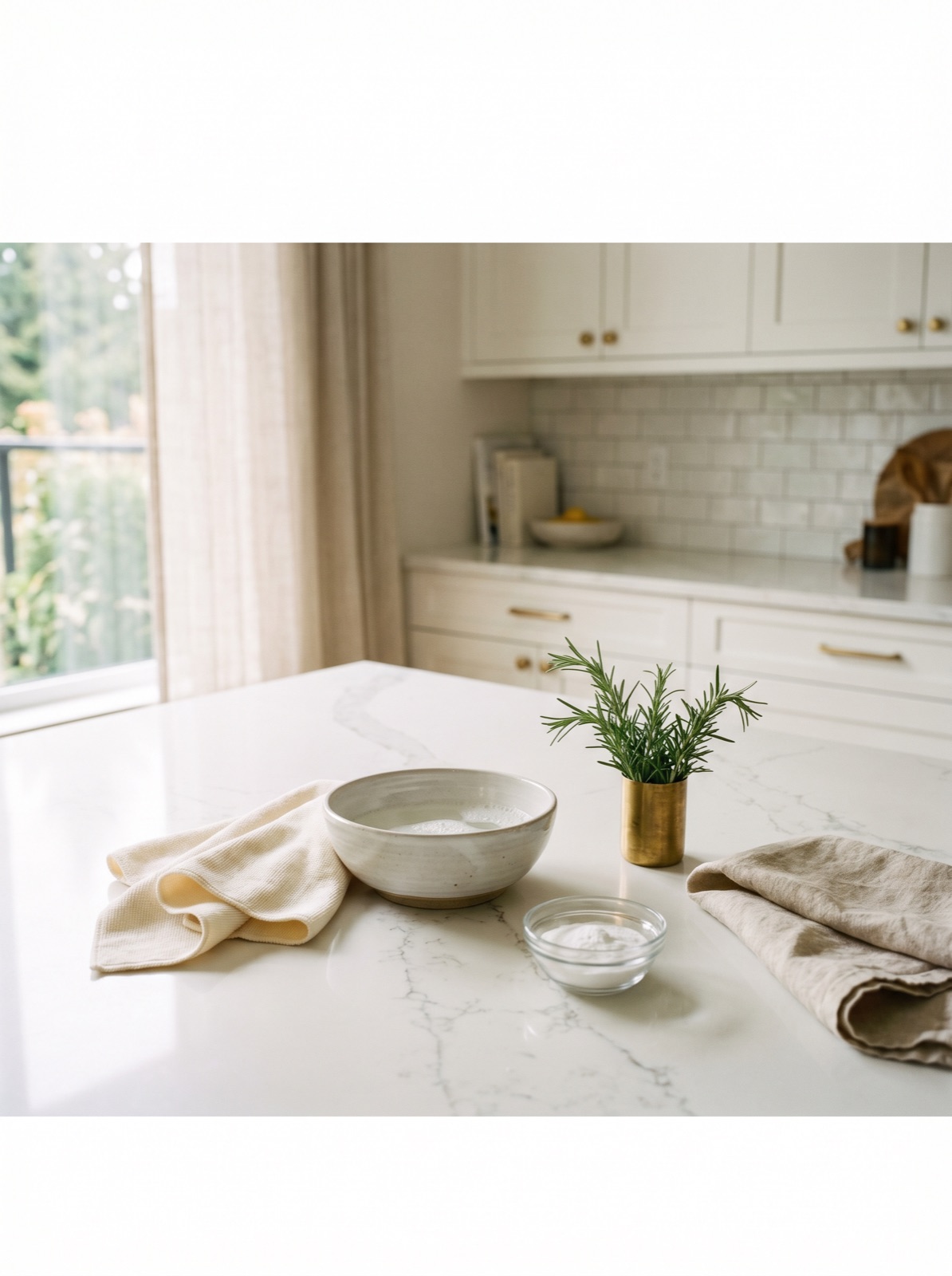 Vancouver kitchen quartz countertop with faint red wine ring beside a wine glass, linen cloth, and ceramic bowl of baking-soda paste for stain removal.