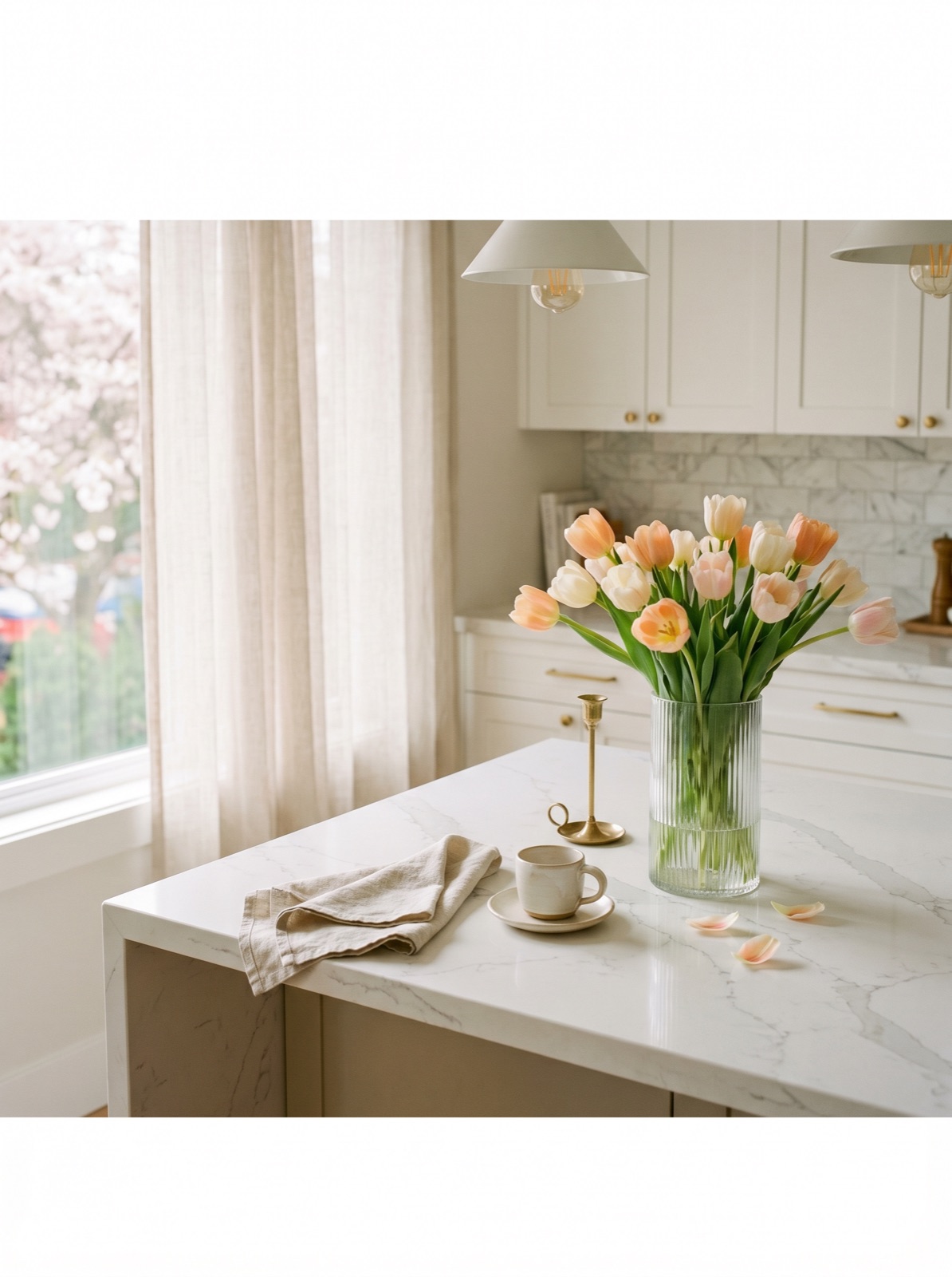 Vancouver kitchen island with white quartz countertop, fresh spring tulips in a glass vase, and a linen napkin in soft morning light — spring kitchen renovation scene.