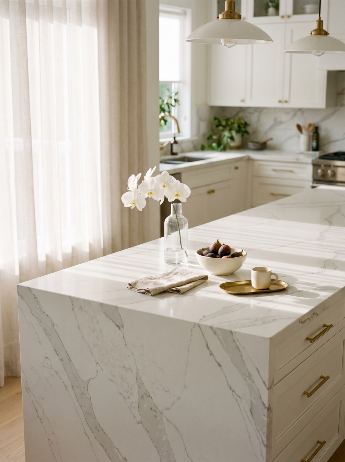 Bright Vancouver kitchen with a vein-matched waterfall edge countertop in white quartz, eucalyptus branch and pear in soft morning window light.